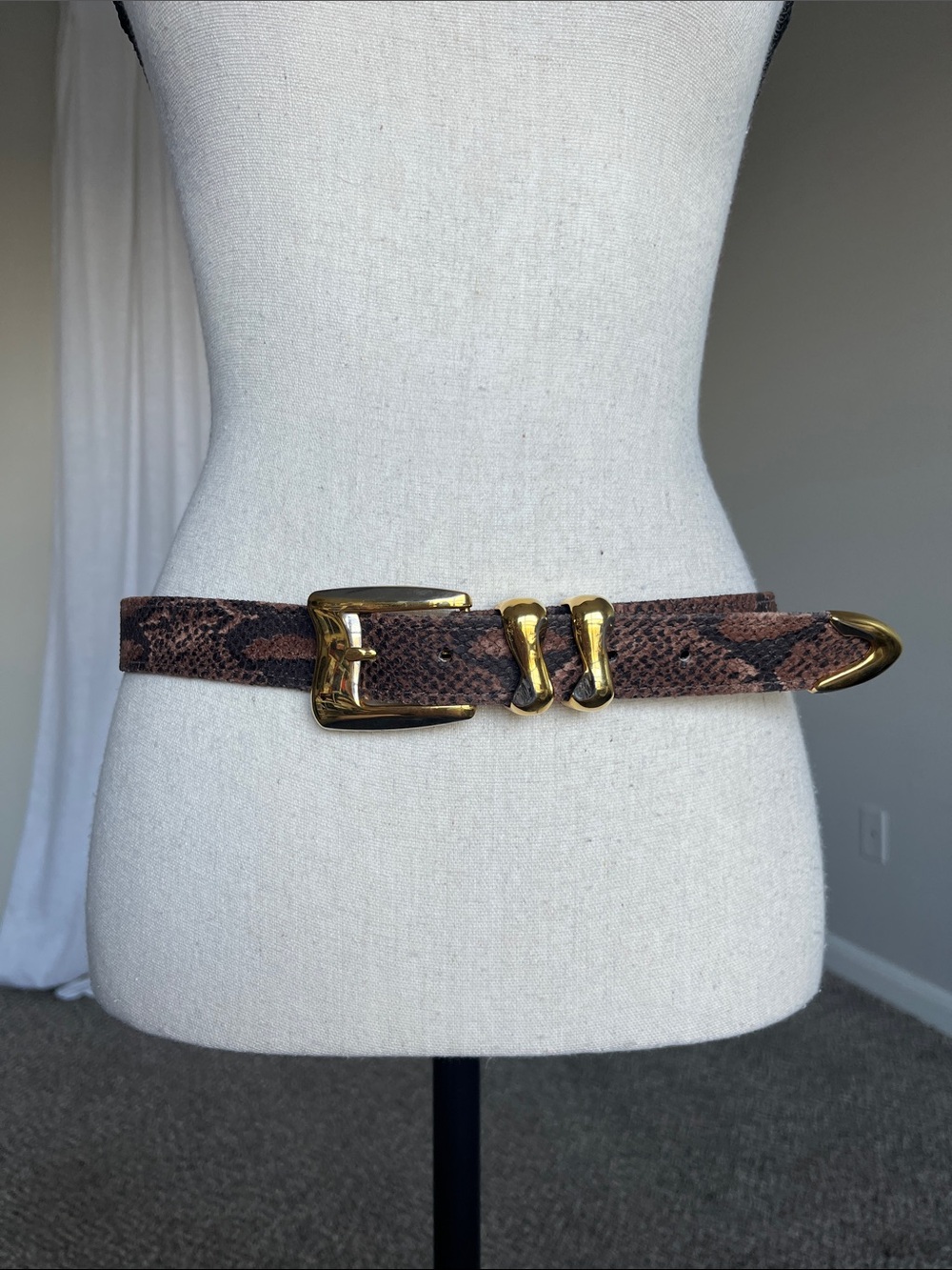 VTG 80s St Maarten Dallas Faux Snake Belt Solid Brass Hardware Mixed Metal 34
